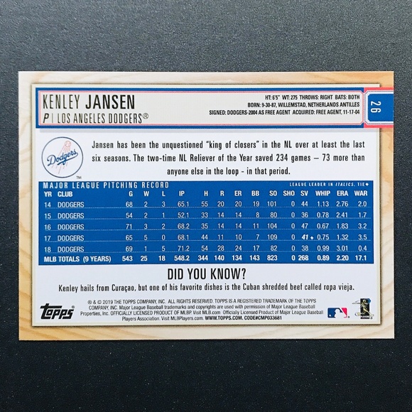 Kenley Jansen - 2019 Topps Big League #26 - Picture 2 of 2